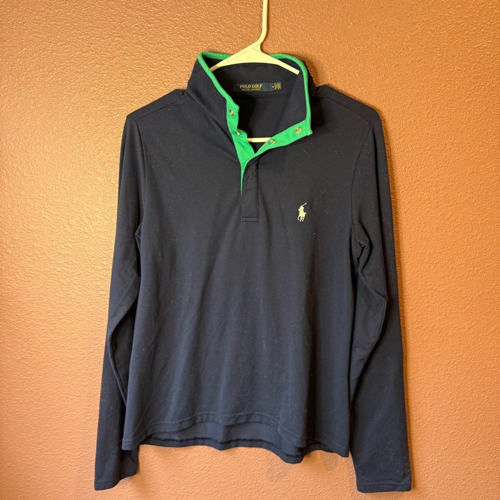 Polo Golf by Ralph Lauren Navy Button Long Sleeve Polo Shirt with Green Collar